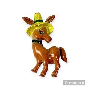 3/$20 Gerry's Donkey Brooch Pin Enamel Metal Vintage Signed 1-3/4” Straw Hat